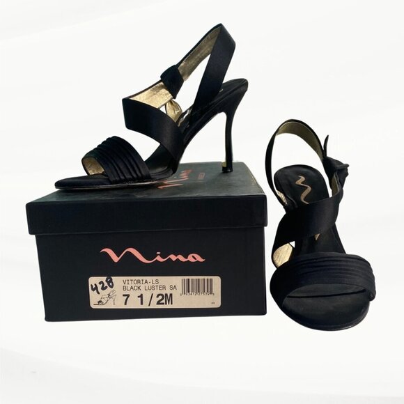 Nina Shoes - Nina Vitoria Black Luster Sandal, 3.5" Heels, Size 7.5 M US, 37.5 EU